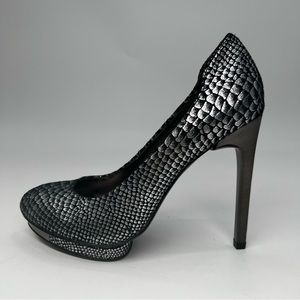 BCBG MaxAzria High Heels 7 Metallic Silver Black Snake Print Pumps Stilettos